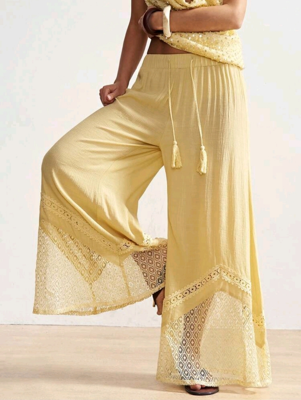 Wide-Leg Lace Trim Palazzo Pants - Yellow